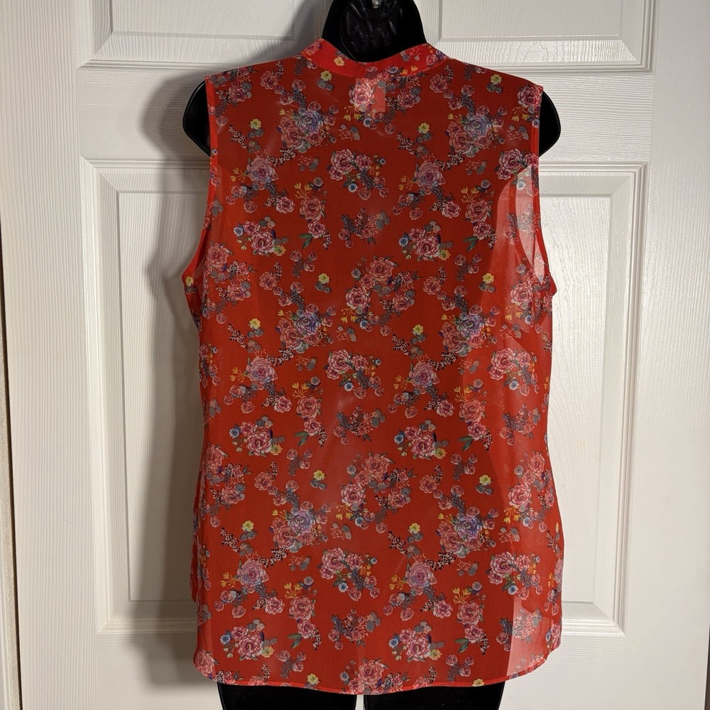 CABI Crush Floral Chiffon Shirt Women M Red Sheer Ruffle V Neck Sleeveless Top - Picture 4 of 11